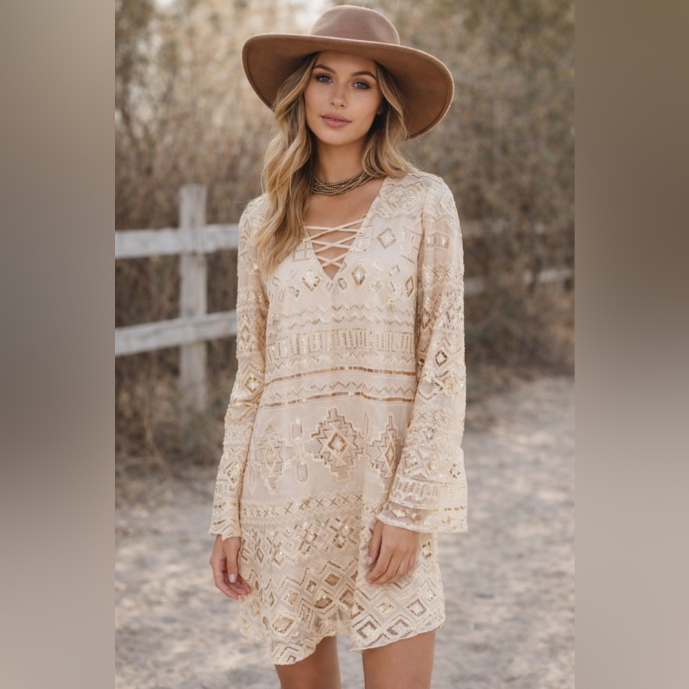 CHELSEA & VIOLET Cream Gold Sequin V-Neck Long Bell Sleeves Mini Dress M